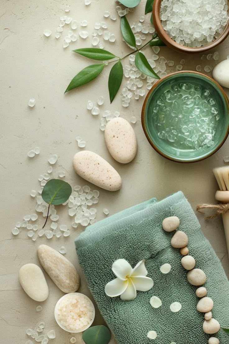 Sea salt, stones and a sage towel