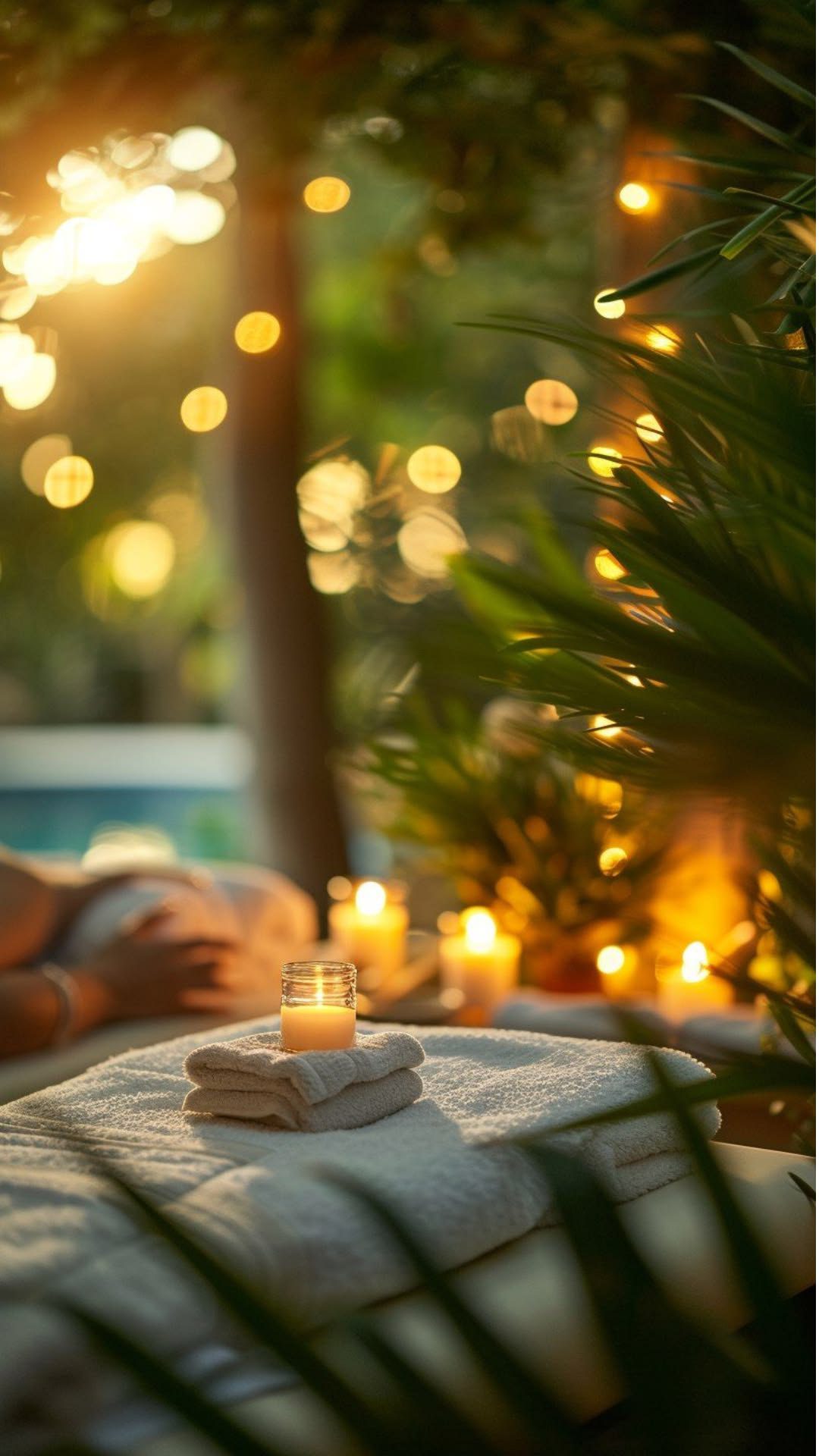 Candlelit massage table surrounded by native greenery at dusk