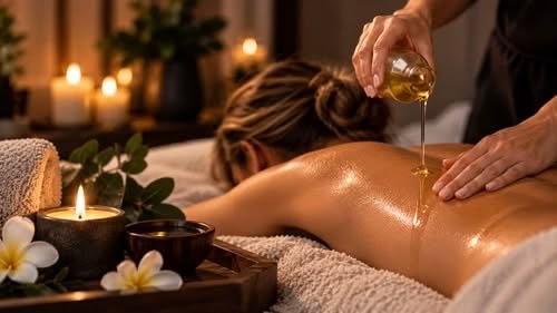 Warm oil poured onto the shoulders during a massage