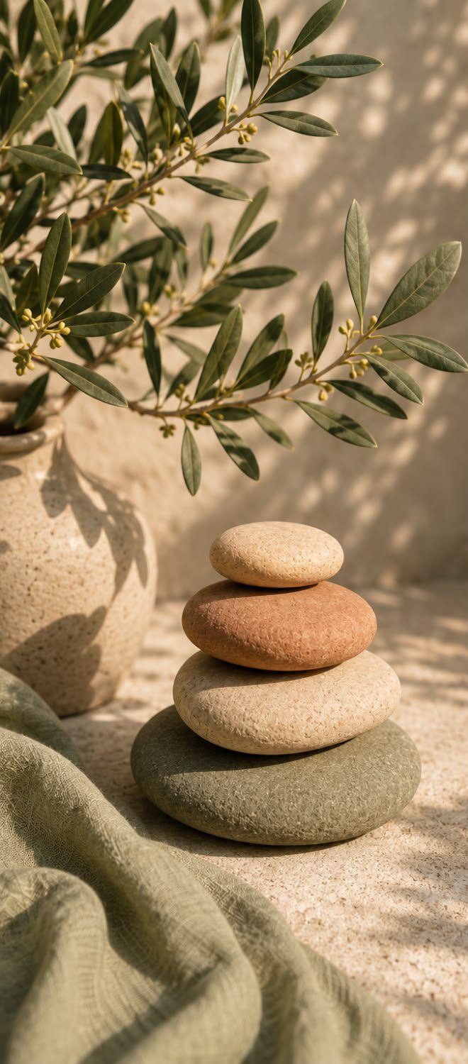 Stacked river stones beside an olive branch