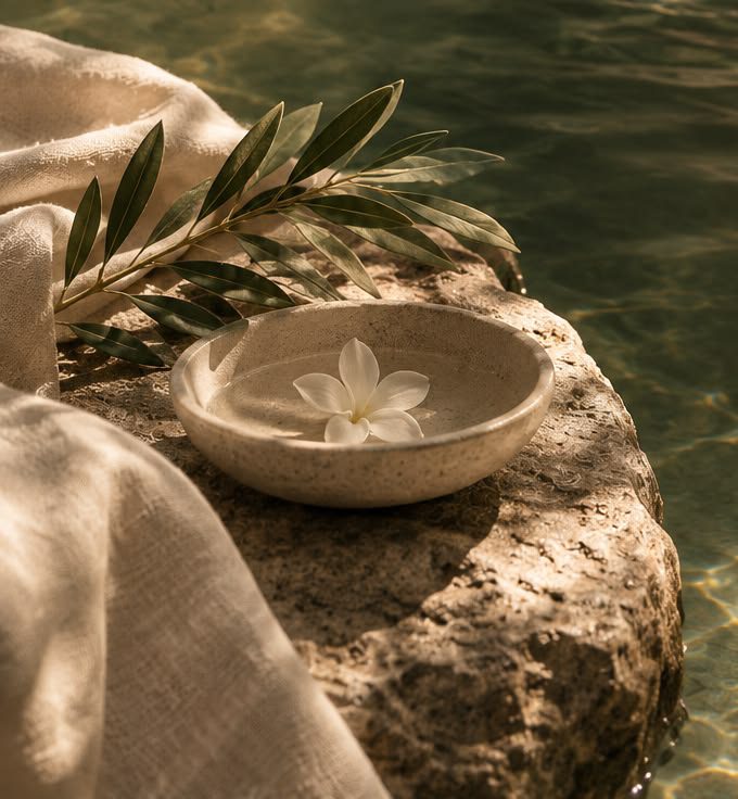 Stone bowl with a frangipani flower beside a still pool